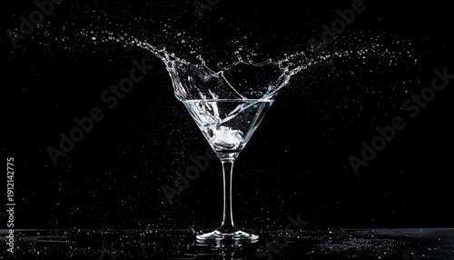 A martini glass with water splashing out against a dark background