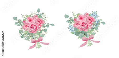 Bild auf Leinwand Watercolor Pink Rose and Baby's Breath Bouquet with Ribbon: Elegant Floral Gift