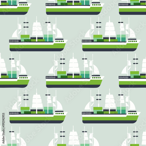 Seamless pattern of green and white cargo ships carrying containers. Flat design illustration for global logistics, international trade, and marine transport.