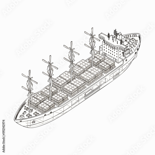 Isometric outline drawing of a modern cargo ship equipped with innovative wind-assisted propulsion technology for sustainable maritime transport and eco-friendly shipping.