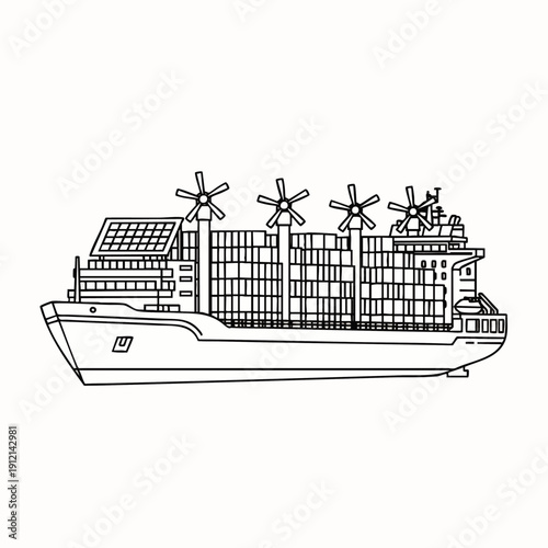 Modern eco-friendly container ship illustration featuring wind turbines and solar panels, symbolizing sustainable global shipping, logistics, and maritime transport.