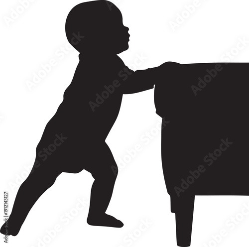 Baby pushing on furniture, exploring new environment, learning to stand and move independently, curious toddler discovering surroundings.