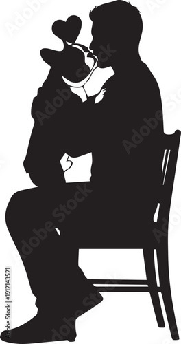 Man sitting on chair holding french bulldog puppy silhouette expressing love and bond between owner and pet for domestic branding