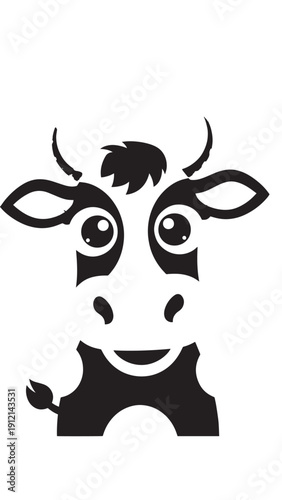 Cartoon cow face illustration with large eyes, spots, and friendly expression.