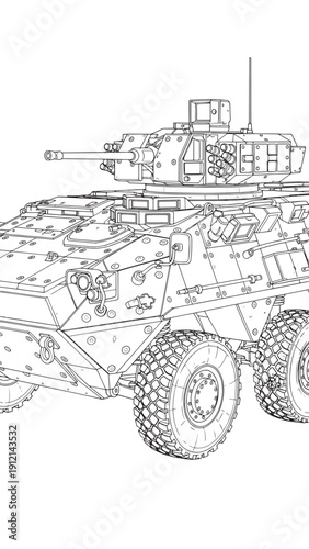 Detailed line drawing of a modern armored tank with turret and tracks.