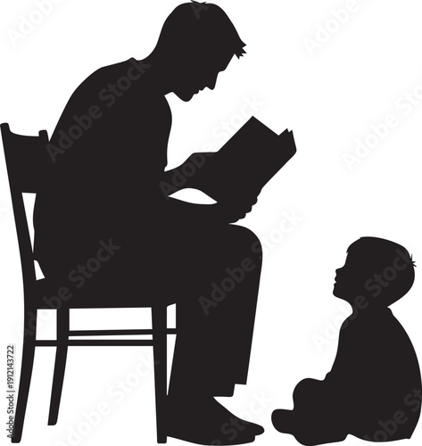 Father sitting on chair reading to his son, silhouette of attentive listening and fatherly guidance, representing storytelling and family interaction, simple drawing