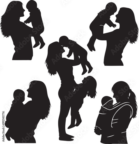 Various silhouettes of mothers holding and embracing their babies, showcasing maternal love and affection, depicting different parenting styles and moments, graphic art