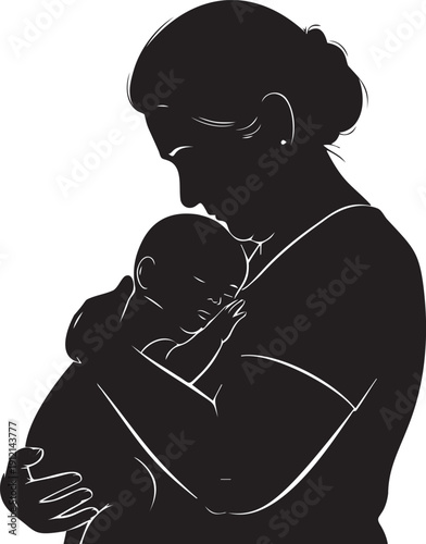 Mother holding newborn baby silhouette black and white illustration of maternal love and tenderness for motherhood graphic design
