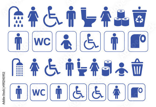 WC icon set. Toilet, restroom, man and woman, bathroom, disabled, dumpster, toilet paper, infant - stock vector.