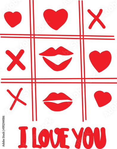 Romantic tic tac toe game design featuring stylized red hearts and tempting red lip kisses symbolizing affection and playful connection across the grid below the sweet declaration I love you