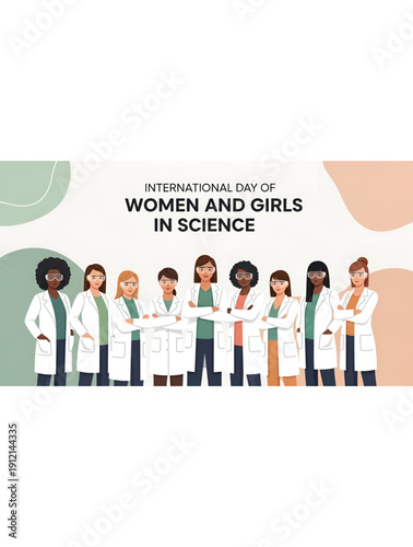 International illustration celebrating women and girls in science standing together as confident researchers promoting education equality innovation vector concept