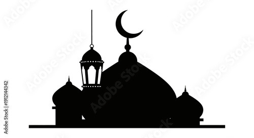 Silhouette of a mosque with a crescent moon on top of the dome isolated on white background