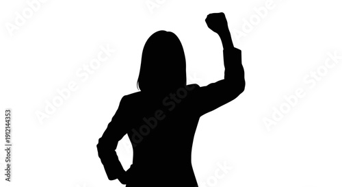 woman in business attire with one arm raised in a fist and the other on her hip in a powerful pose