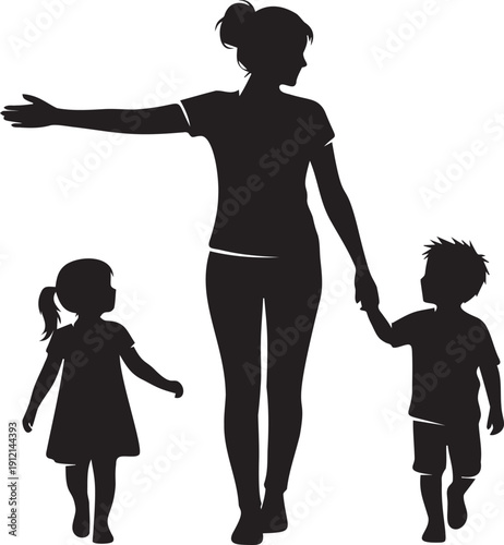 Mother walks with two children, holding hands with son and daughter, representing family togetherness and parental care