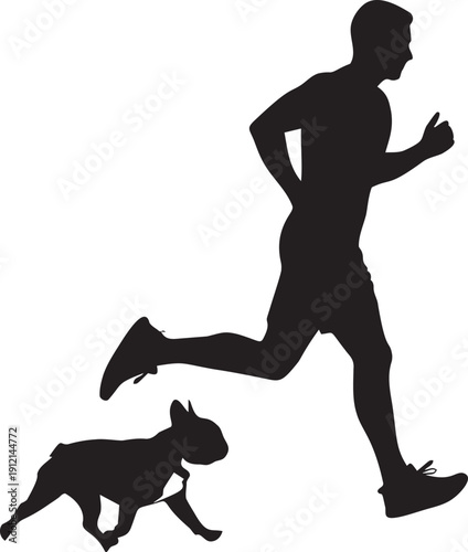 Man running with French bulldog, dynamic action, fitness and exercise, outdoor sport, silhouette illustration.