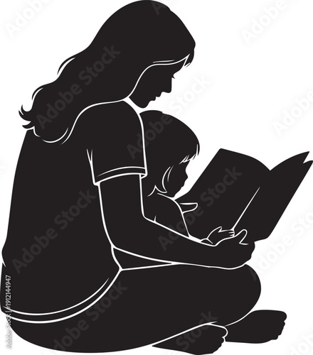 Mother and child reading book together silhouette vector illustration isolated on transparent background