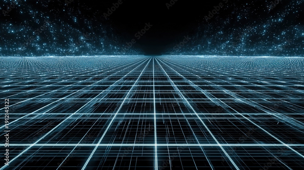 Fototapeta premium Digital Gridscape: An abstract depiction of the digital world, with a grid of intersecting lines forming a vast, open landscape bathed in cool blue light, suggesting data, connectivity.
