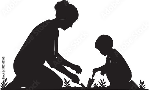 Mother and child gardening together, planting flowers in soil, outdoor activity, family bonding and learning