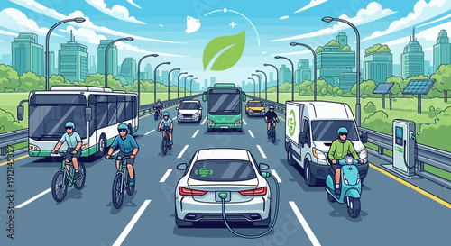 Clean energy transportation electric vehicles and sustainable urban mobility concept