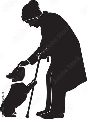 An elderly person with a cane gently petting a small dog, illustrating a tender moment of intergenerational companionship