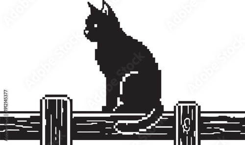 Pixel art black cat silhouette sitting on wooden fence with sharp ears and tail, minimalist retro computer graphics style