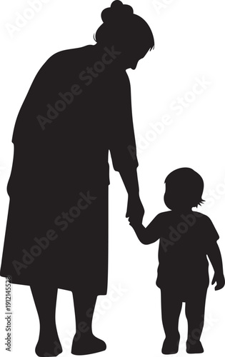 Silhouette of grandmother holding child's hand, walking together, loving bond between generations, simple and sweet