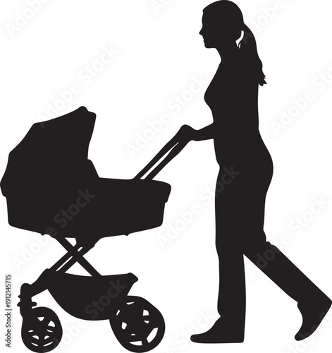 Woman pushing a baby stroller, side profile silhouette of a mother on a walk, representing daily parenting life
