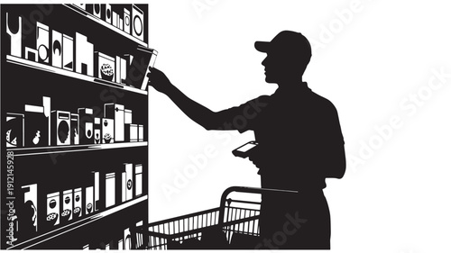 A man in a supermarket aisle reaching for a product on a high shelf with a shopping cart beside him