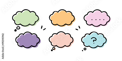 A colorful illustration of six distinct clouds with arrows indicating movement Vector