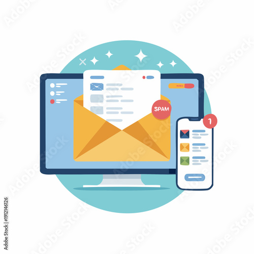A computer and smartphone display email inboxes with unread spam messages on a digital interface
