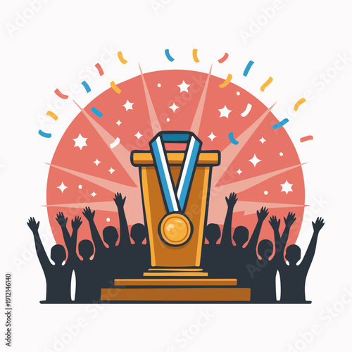 Celebrating achievement with trophy and medal amidst economic recession, people rejoice in success and happiness together with hands raised, stars and confetti