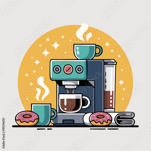 A coffee maker with steaming cups and donuts on a table, surrounded by a vibrant yellow circle adorned with sparkling stars.