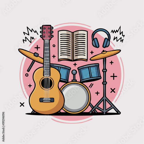 Vibrant music equipment setup including guitar, drum set, headphones, and songbook, arranged in a lively composition, viewed from a straightforward angle