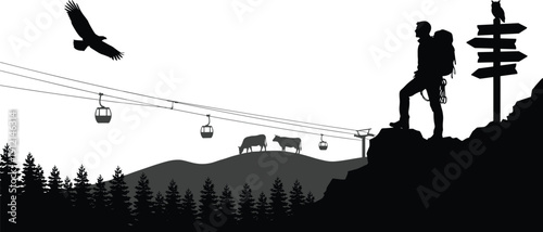 Mountain hiking silhouette with backpacker, cable car gondola, grazing cows and forest landscape vector illustration isolated on white background