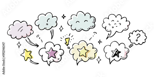 A whimsical illustration of various clouds in different shapes and colors Vector