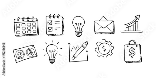 Diverse icons representing various aspects of business and productivity. Vector