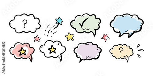 A whimsical illustration of various thought bubbles with different expressions and elements Vector