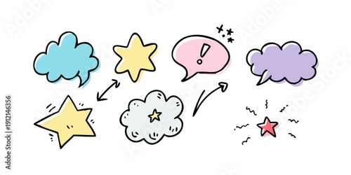 A whimsical illustration of floating shapes and a speech bubble. Vector