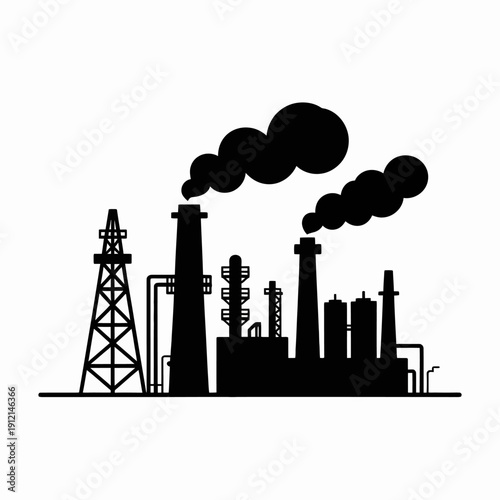 A black silhouette of an industrial factory with smokestacks and pollution