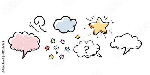 A whimsical illustration of various clouds with a star and thought bubble Vector