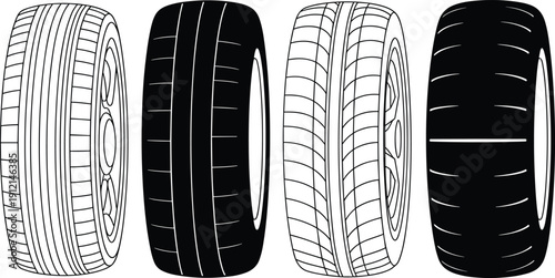Set of detailed car tire tread variations including racing slick and patterned wheels isolated on white background illustration for automotive design use