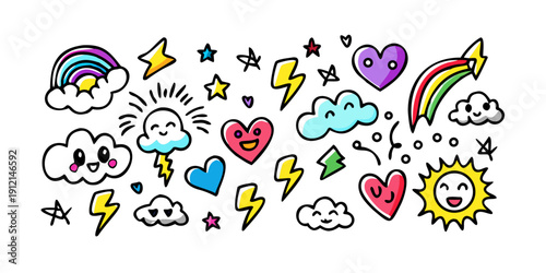 A vibrant and colorful array of various shapes and symbols floating in a whimsical arrangement. Vector