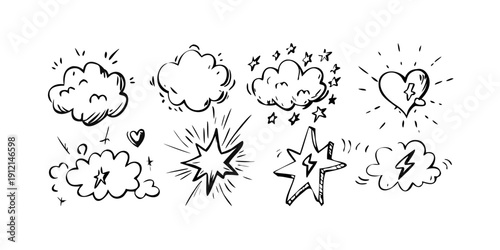 A delightful collection of various cloud and star doodles in black and white Vector