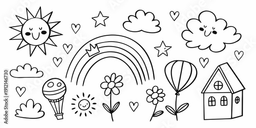 A whimsical illustration of various objects and elements in a playful scene. Vector