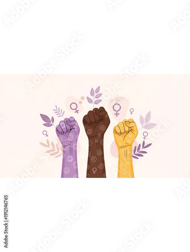 Empowered women raising fists for equality diversity and solidarity symbolizing feminism human rights social justice activism strength and unity vector illustration