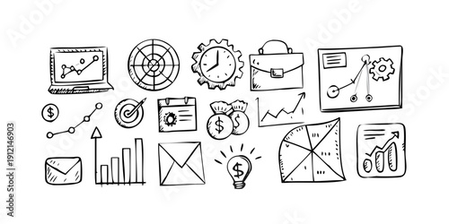 A diverse collection of icons representing various office and business activities Vector