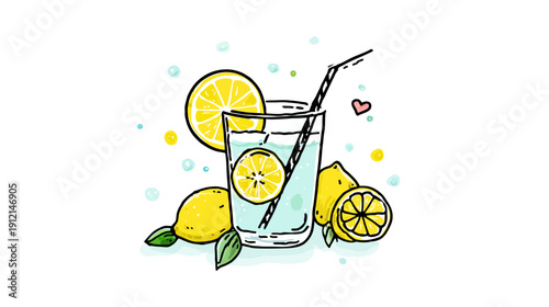 Refreshing Hand-Drawn Lemonade Illustration with Ice, Lemon Slices, Whole Lemons, and Straw for Summer Drinks