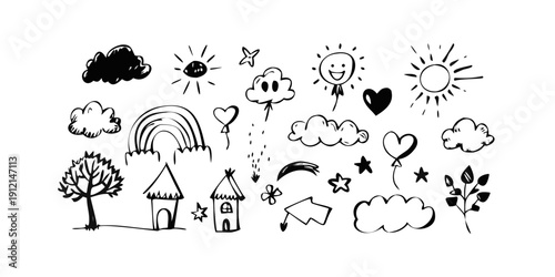 A whimsical illustration of various weather phenomena and natural elements Vector