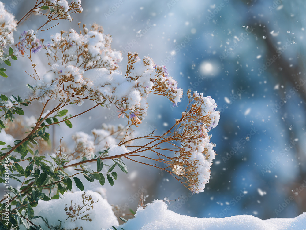 custom made wallpaper toronto digitalSnow covered delicate dried flowers and green branches during snowfall with blue bokeh background