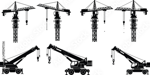 Black vector silhouette set of industrial tower cranes and mobile hydraulic truck cranes for heavy construction building projects and engineering site machinery, (23 words)